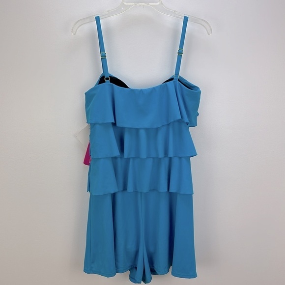 Fit 4U Blue 1 Piece Bathing Suit Romper Shorts Sz 16 Perforated Floral R… - Picture 2 of 13